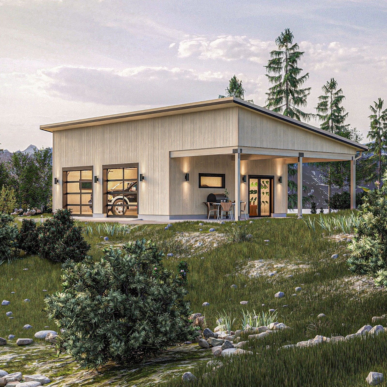 Modern 2-Car Garage Plan with Carport/ Detached Garage Blueprints