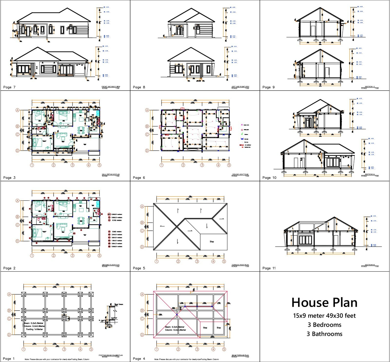49×30 Feet House Design Plan 15×9 Meter with 3 Beds PDF Plan (A4 Hard Copy)