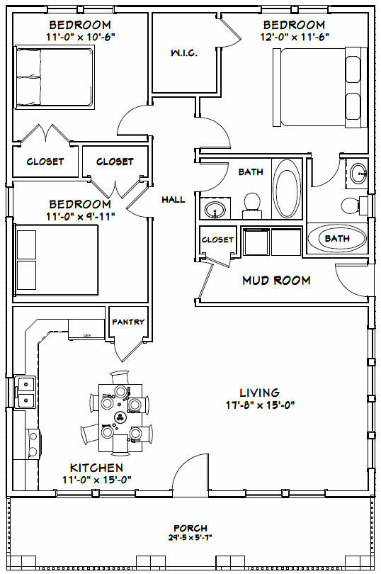 30×40 House — 3 Bedroom 2 Bath — 1,200 sq ft — PDF Floor Plan — Model 3C