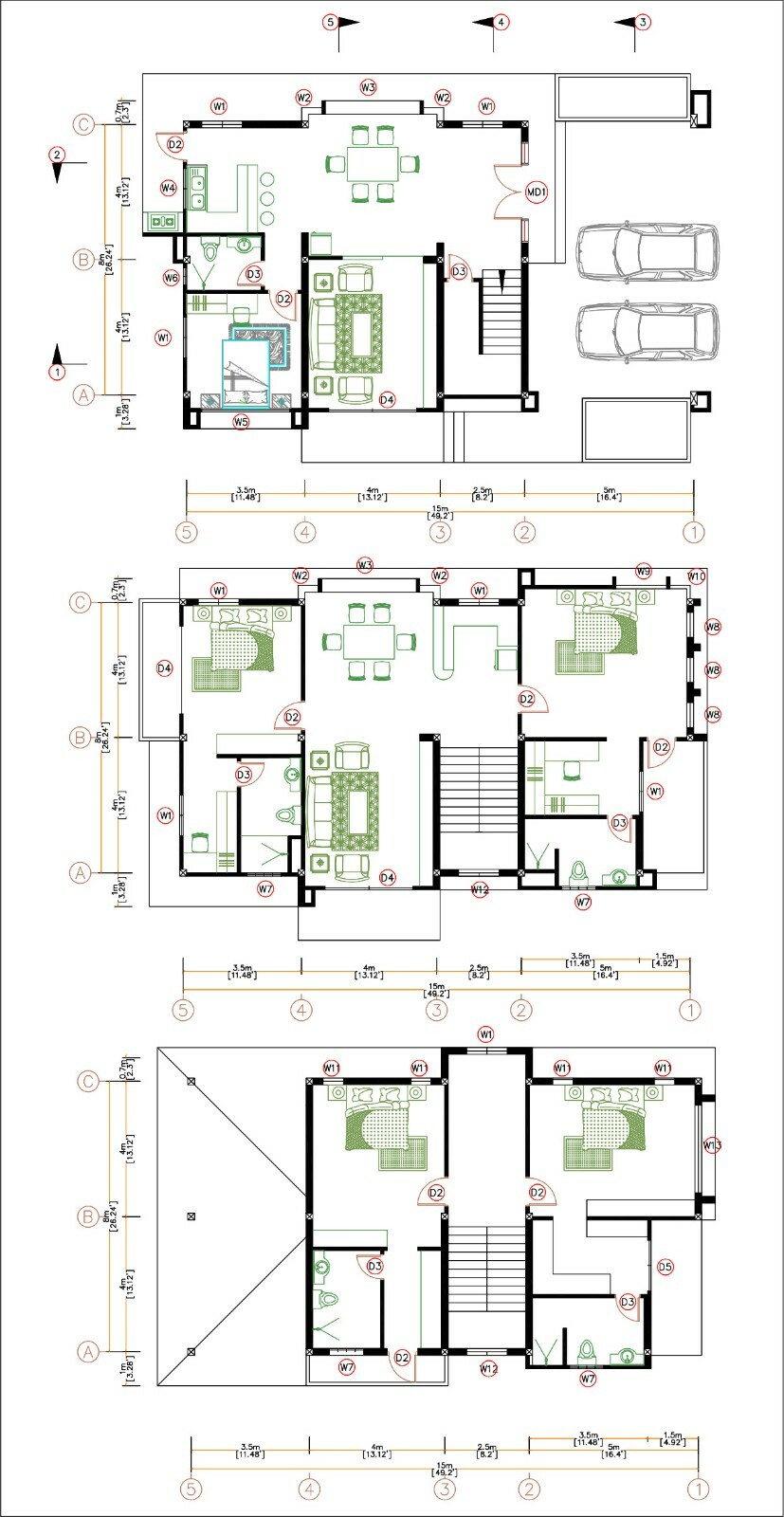 House Plan 26×49 Feet 8×15 Meter 5 Beds 5 Baths Hip Roof PDF Plan (A4 Hard Copy)