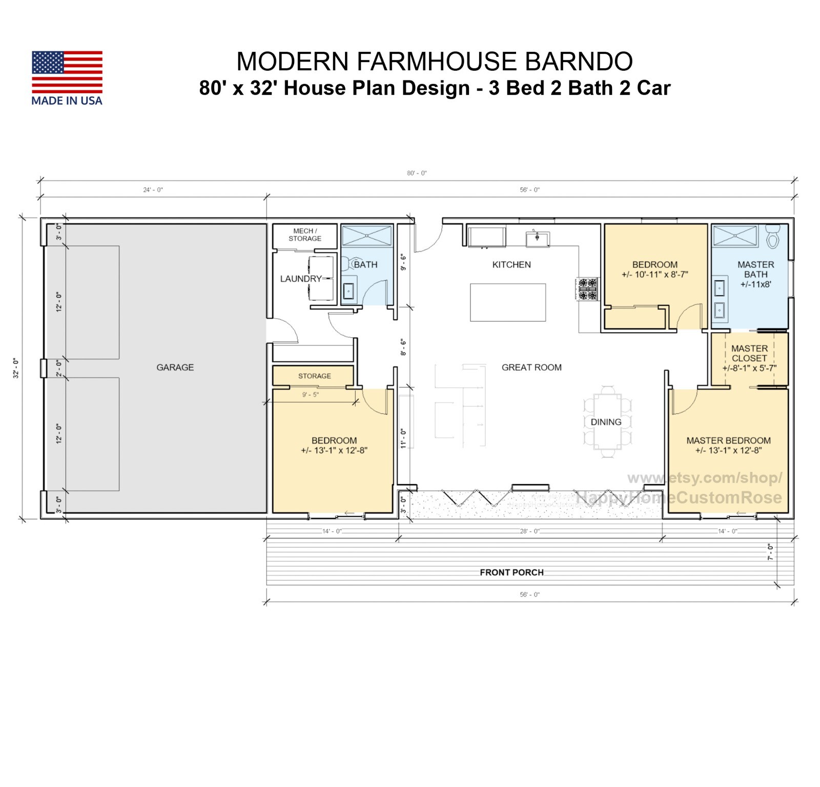 Nordic Barndominium Modern House Open Plan Design 80 x 32 – 3 Bed 2 Bath Drawing