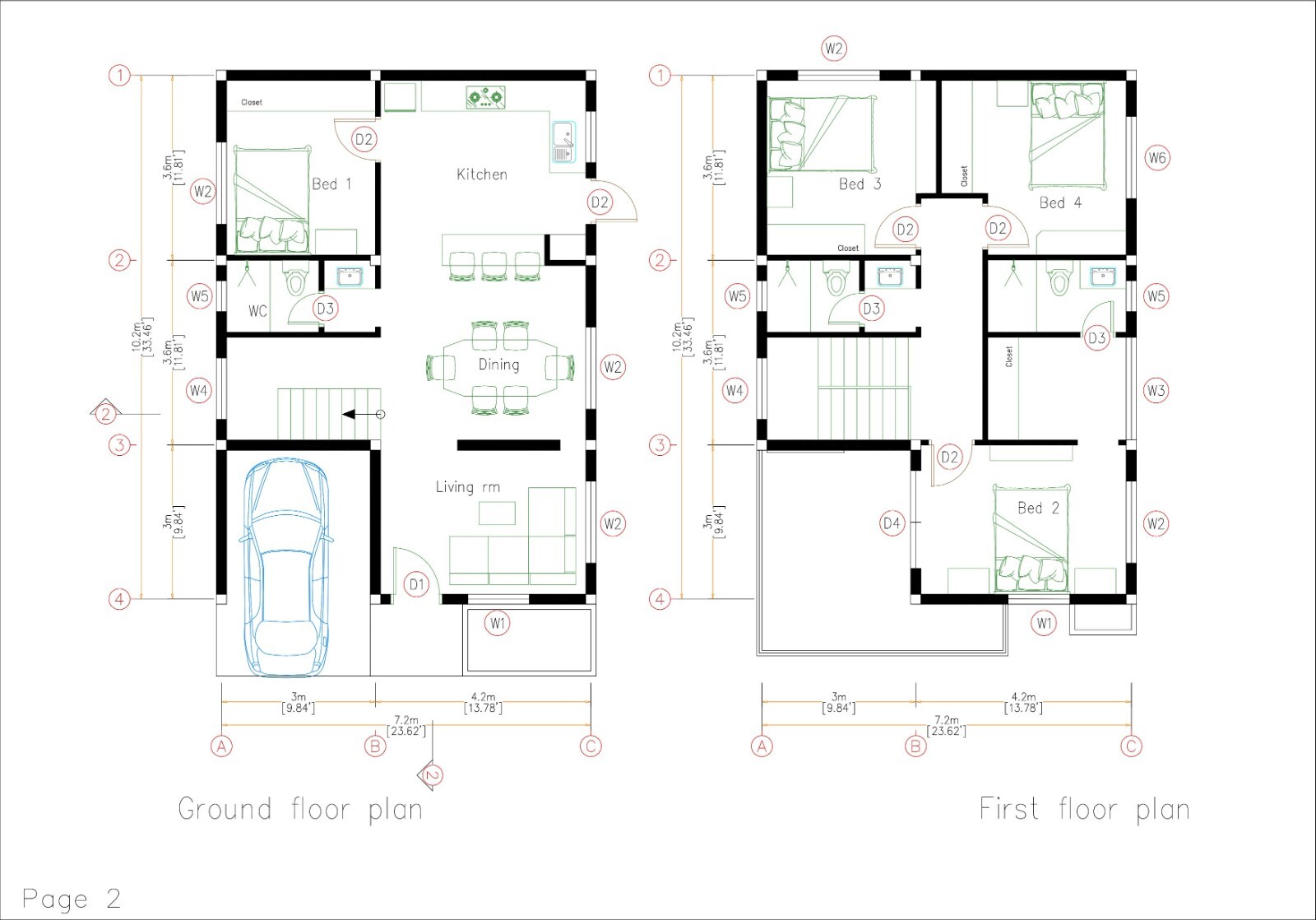 House Plans 7×10 Meter 23×33 Feet 4 Bed 3 Bath Terrace Roof PDF & A4 Hard Copy