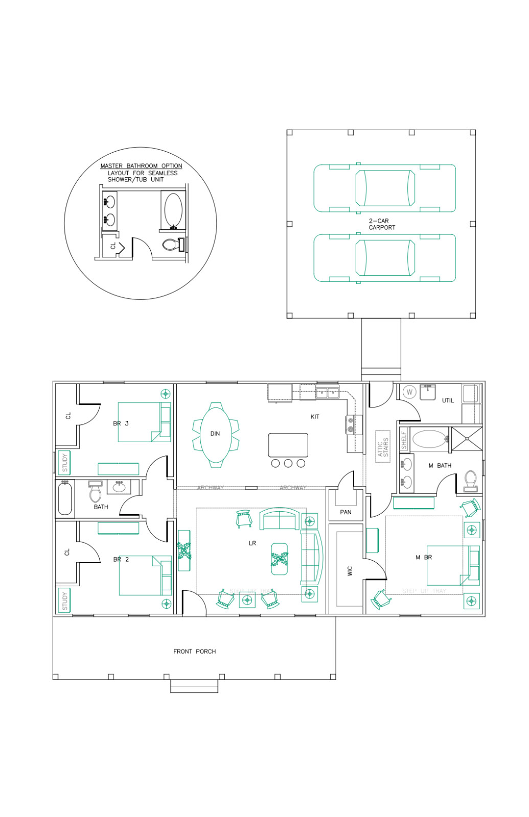 Ranch House Plans 1650 SF 3 Bed 2 Bath Open Floor – Split BR (Blueprints) #1201A