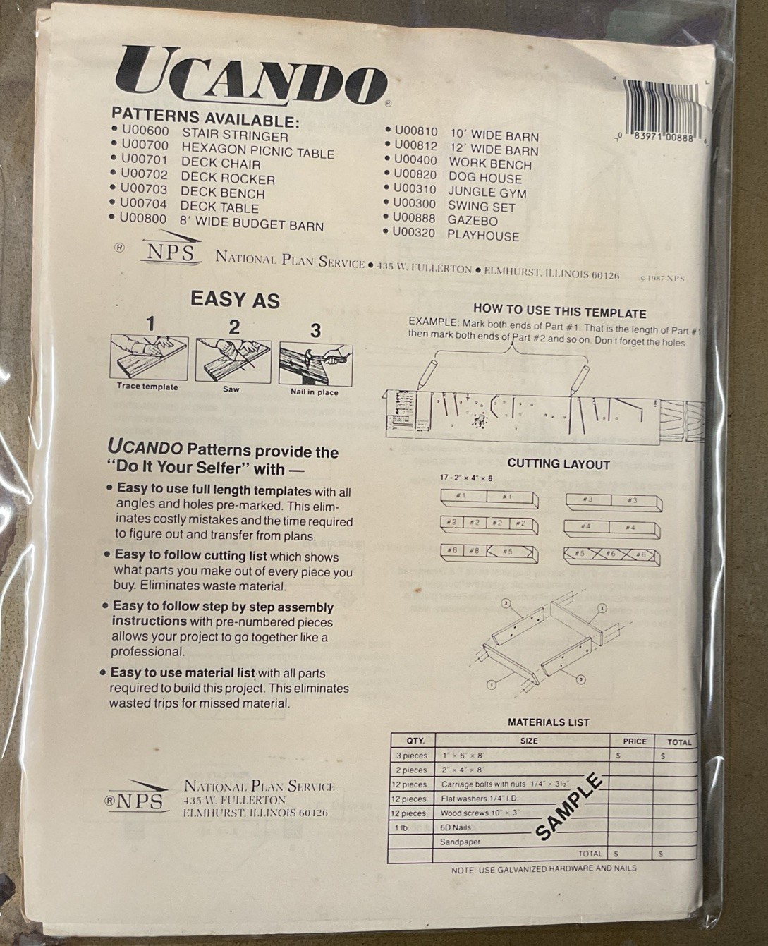 UCANDO U00888 12’ Gazebo Plans Rebagged With Material List NOS W/Templete