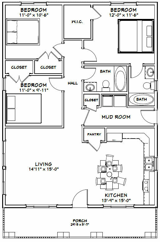 30×40 House — 3 Bedroom 2 Bath — 1,200 sq ft — PDF Floor Plan — Model 2C