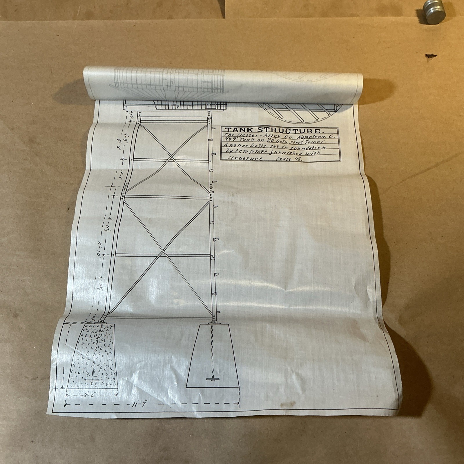 Early 1900s Mechanical Drawing Of Water Tower Heller-Alley Co. As Is INV-JDH14
