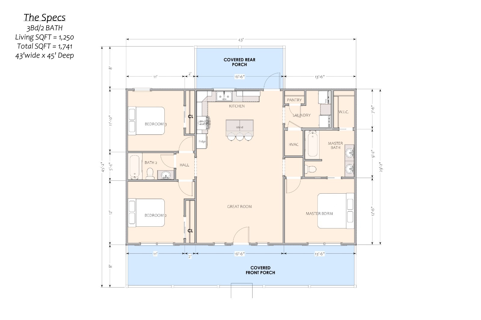 1,250 Sqft (Living) Modern Farm House with – 3 Bd, 2 Ba,
