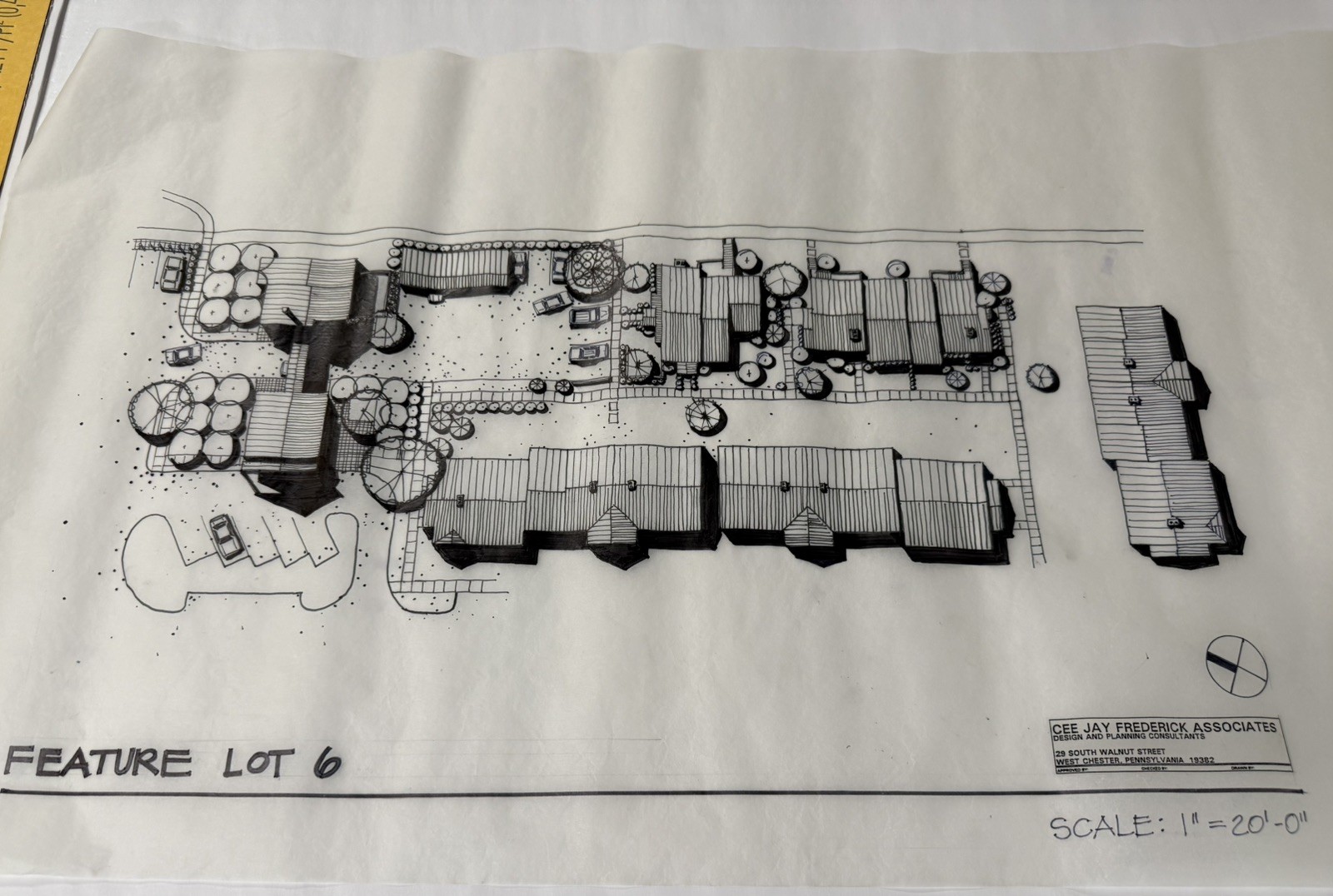 Vintage Hand-Drawn Architectural Site Plan Rendering – Ink on Vellum – 12×18