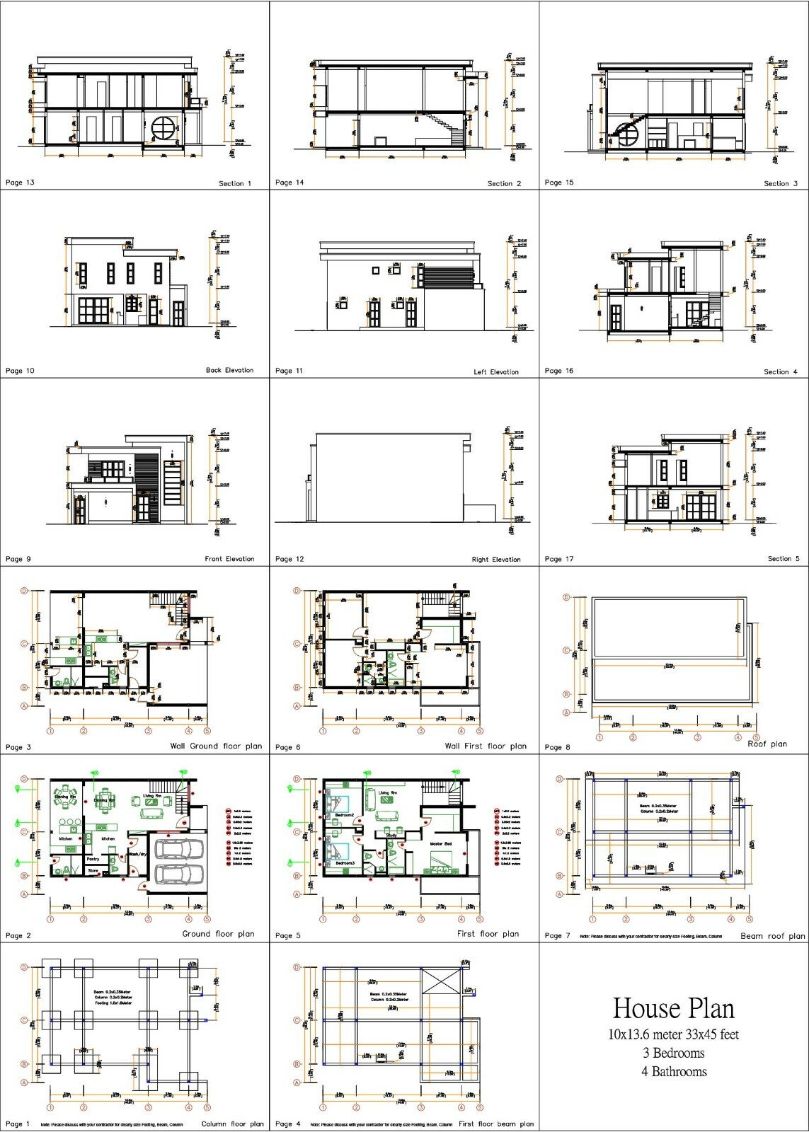 Custom House Plans 10×13.6 Meter 33×45 Feet 3 Beds 4 Baths Slap (A4 Hard Copy)