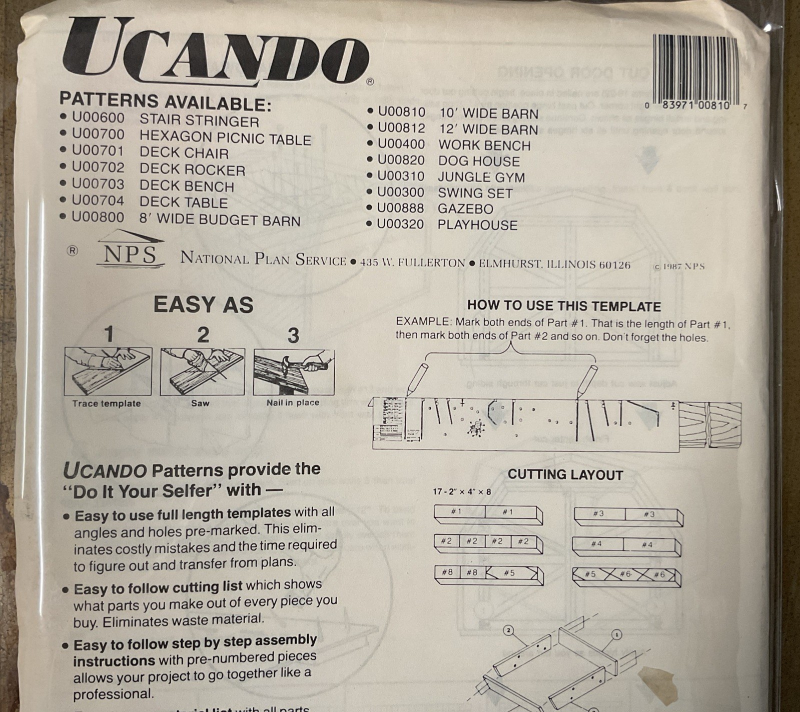 UCANDO U00810 10’ Wide Barn Plans Rebagged With Material List NOS W/Templete