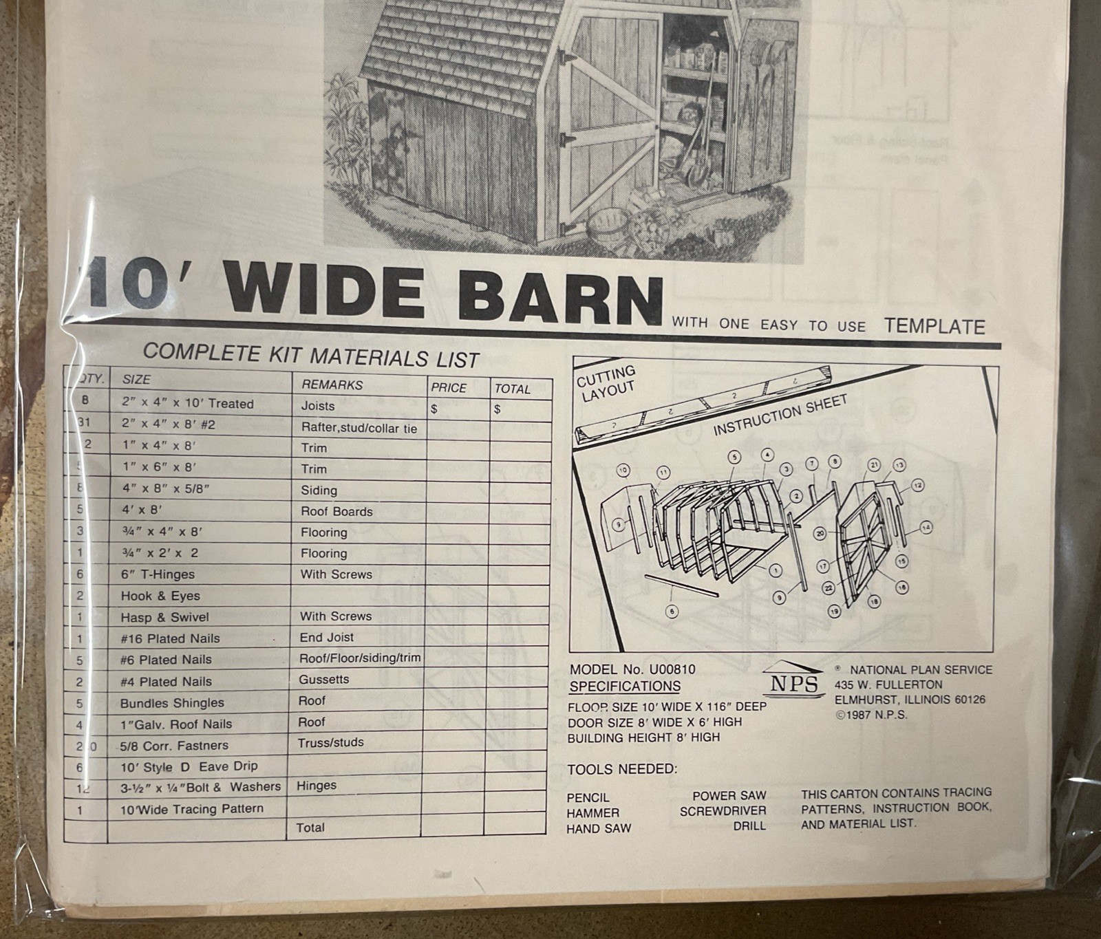 UCANDO U00810 10’ Wide Barn Plans Rebagged With Material List NOS W/Templete