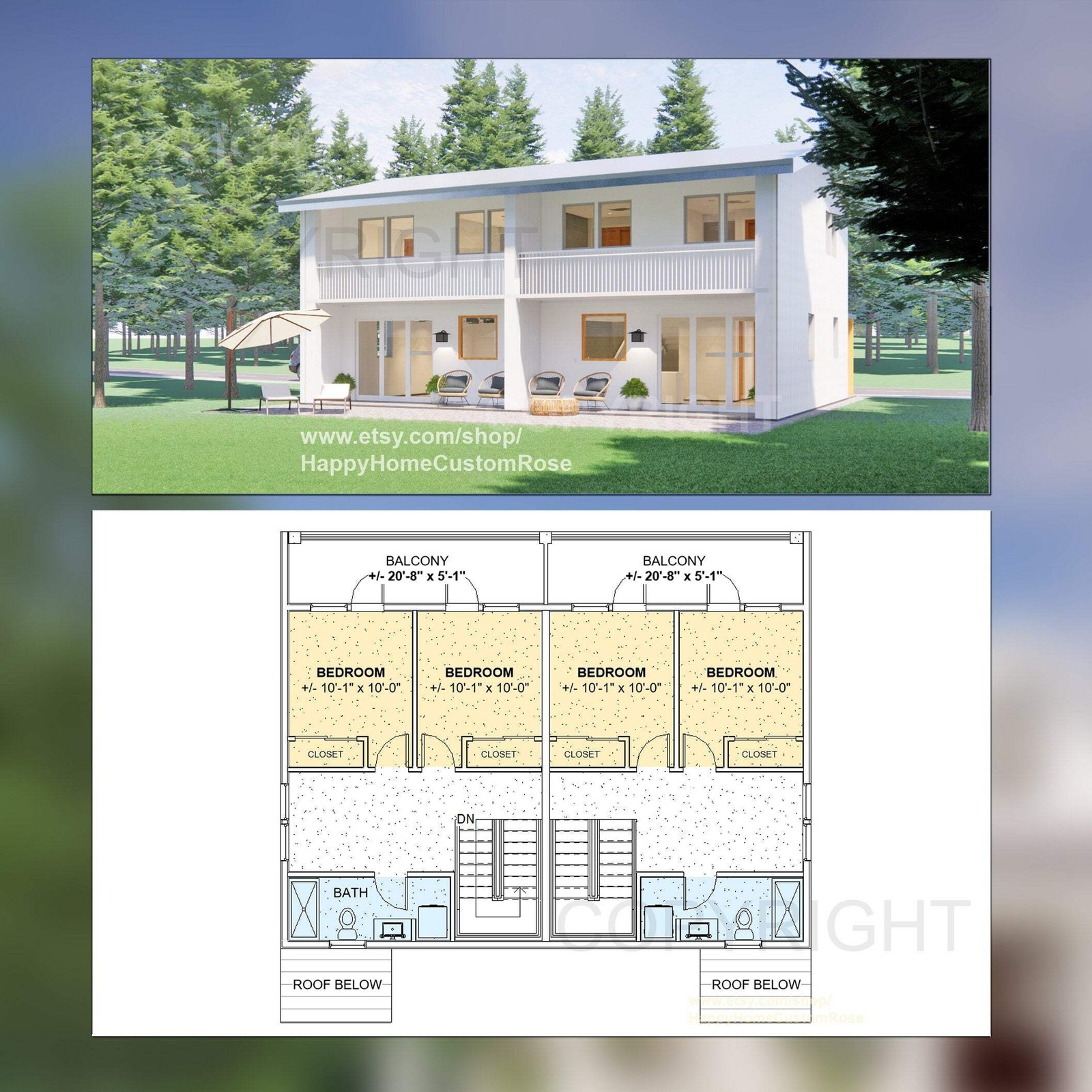 Twin Pines two level duplex Investment Rental Plan – 2 Bed 1 bath – 1200 SF – Mo