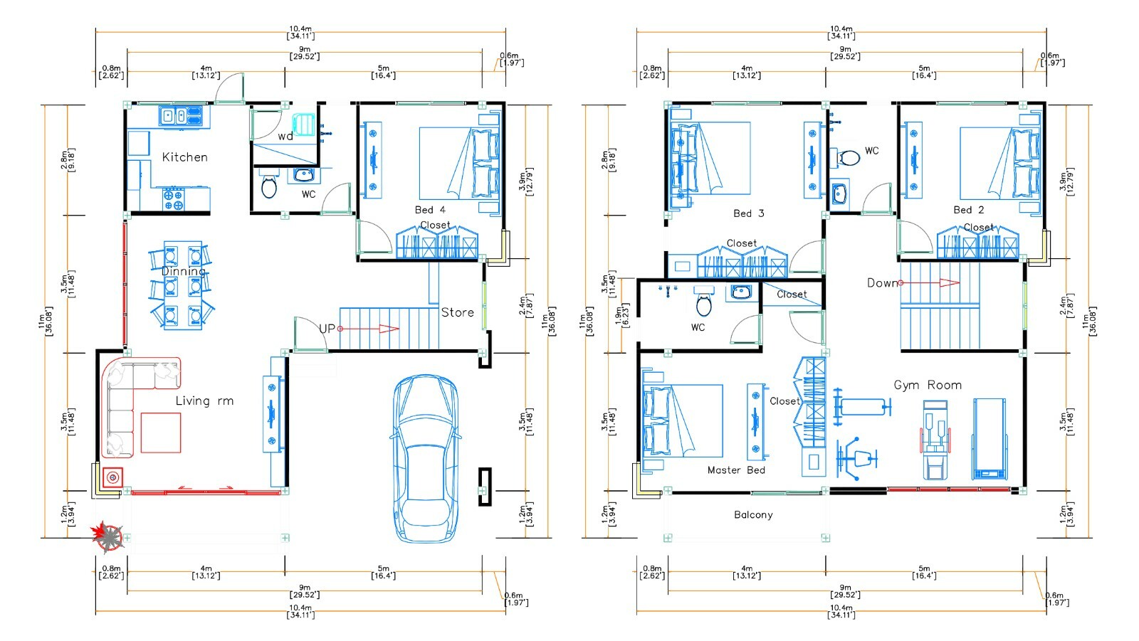 Custom House Plans 30×36 Feet 9×11 Meter 4 Beds 3 Baths Hip Roof (A4 Hard Copy)