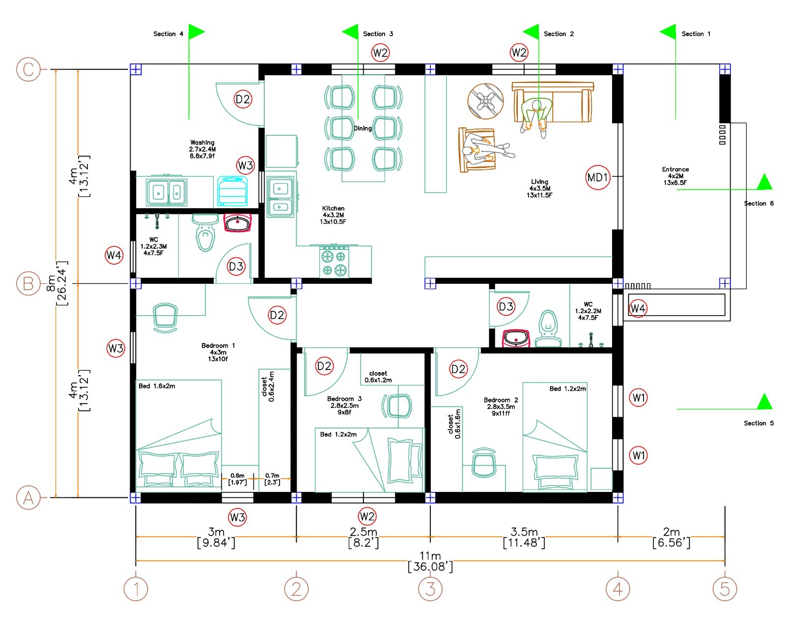 26×36 Feet Small House Plan 8×11 Meter 3 Beds 2 Baths Hip Roof (A4 Hard Copy)