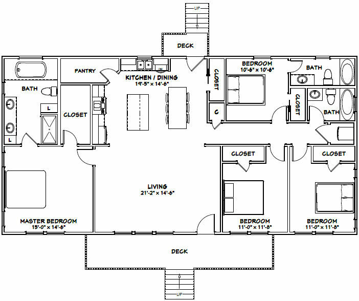 60×30 House — 4 bedroom 3 Bath — 1,800 sqft — PDF Floor Plan — Model 2D