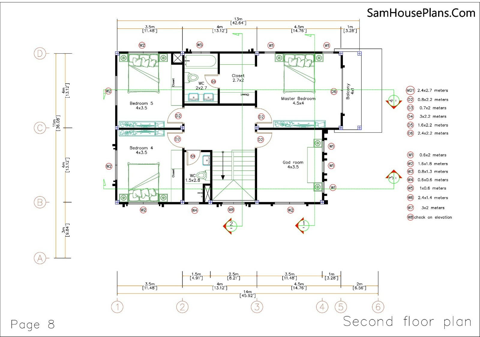 36×46 Feet House Design Plans 11×14 Meter 6 Beds 4 Baths Hip Roof (A4 Hard Copy)