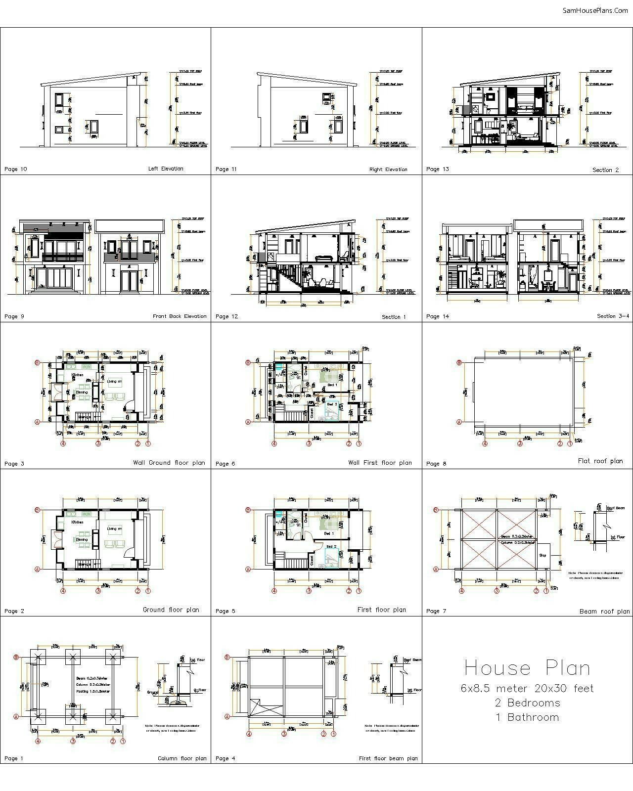 20×30 Feet Small House Design 6×8.5 Meter 2 Beds 1 Bath Shed PDF (A4 Hard Copy)