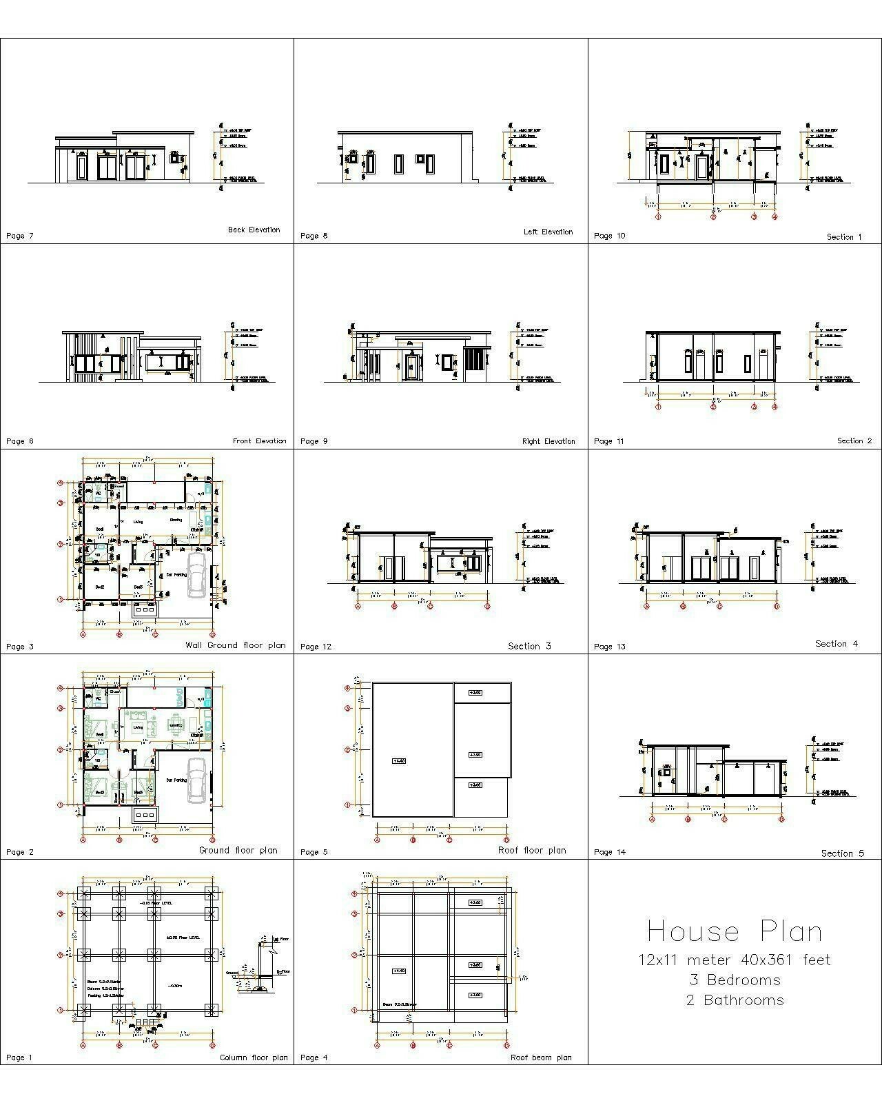40×36 Feet House Plans 12×11 Meter 3 Beds 3 Baths Flat Roof PDF (A4 Hard Copy)
