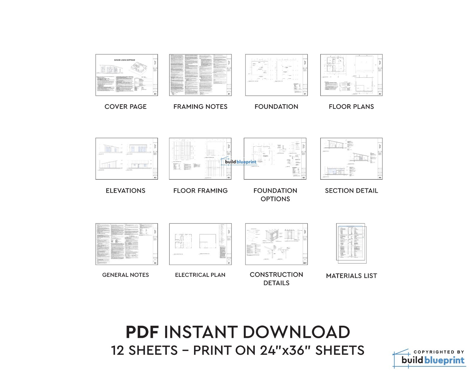 32×38 Modern Lean Cabin Custom Architectural Plans 1216SF – PDF Download