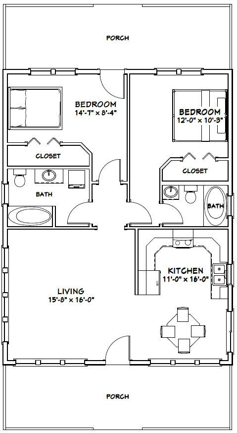 28×36 House — 2 Bedroom 2 Bath — PDF Floor Plan — 1,008 sq ft — Model 1A