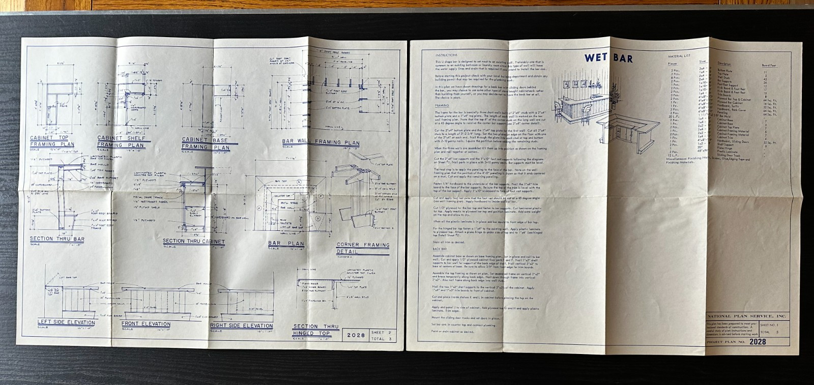 National Plan Service WET BAR #2028 Vintage 1970’s Building Plans COMPLETE!