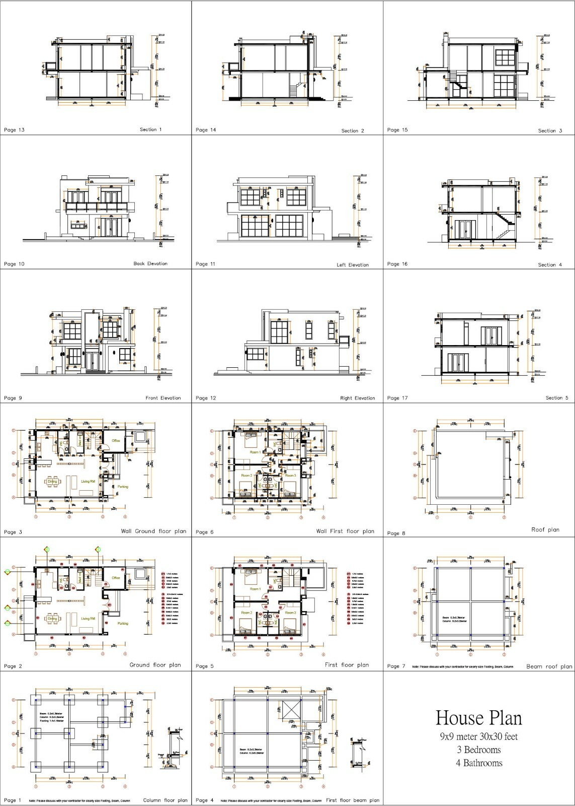 House Design Plan 9×9 Meter 30×30 Feet 3 Beds 4 Baths Slap Roof (A4 Hard Copy)