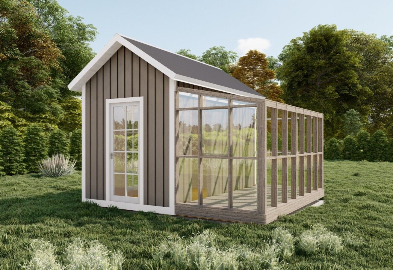 14′ x 14′ Garden Shed Plans ,Timber Frame Greenhouse with Storage ,Blueprints
