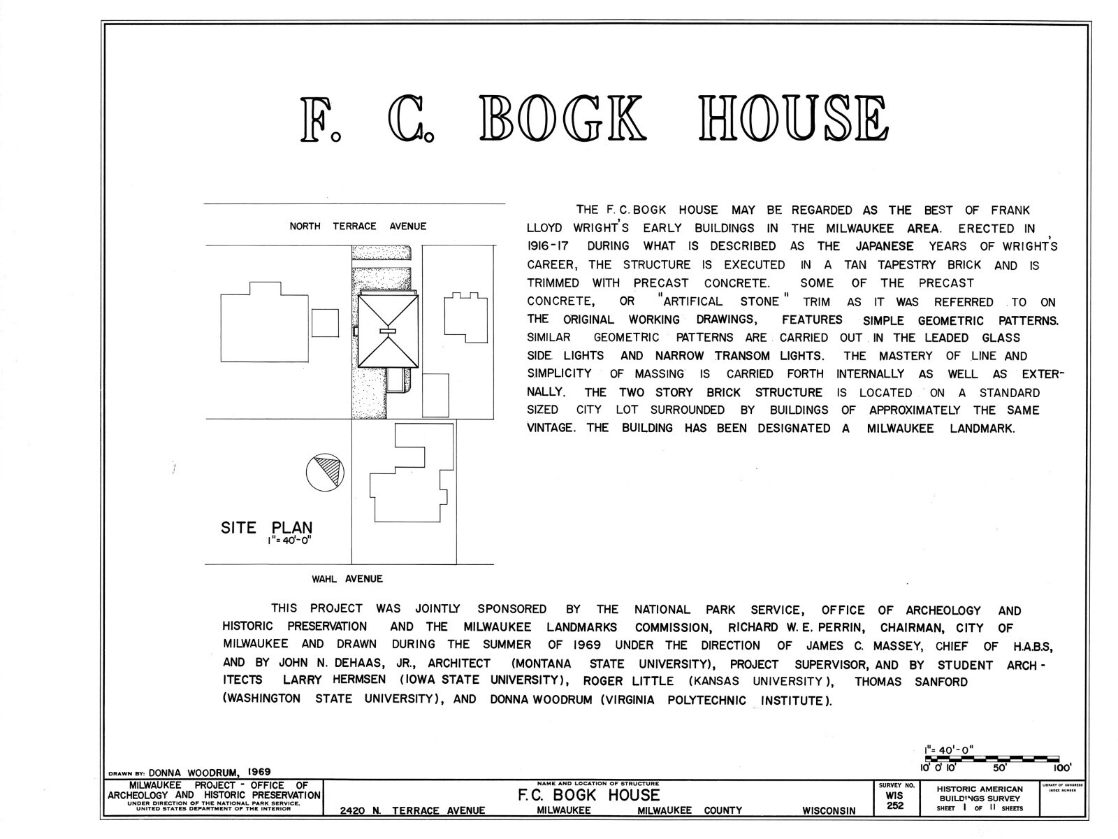 Frank Lloyd Wright’s Bogk House, brick Prairie Style – PRINTED PLANS