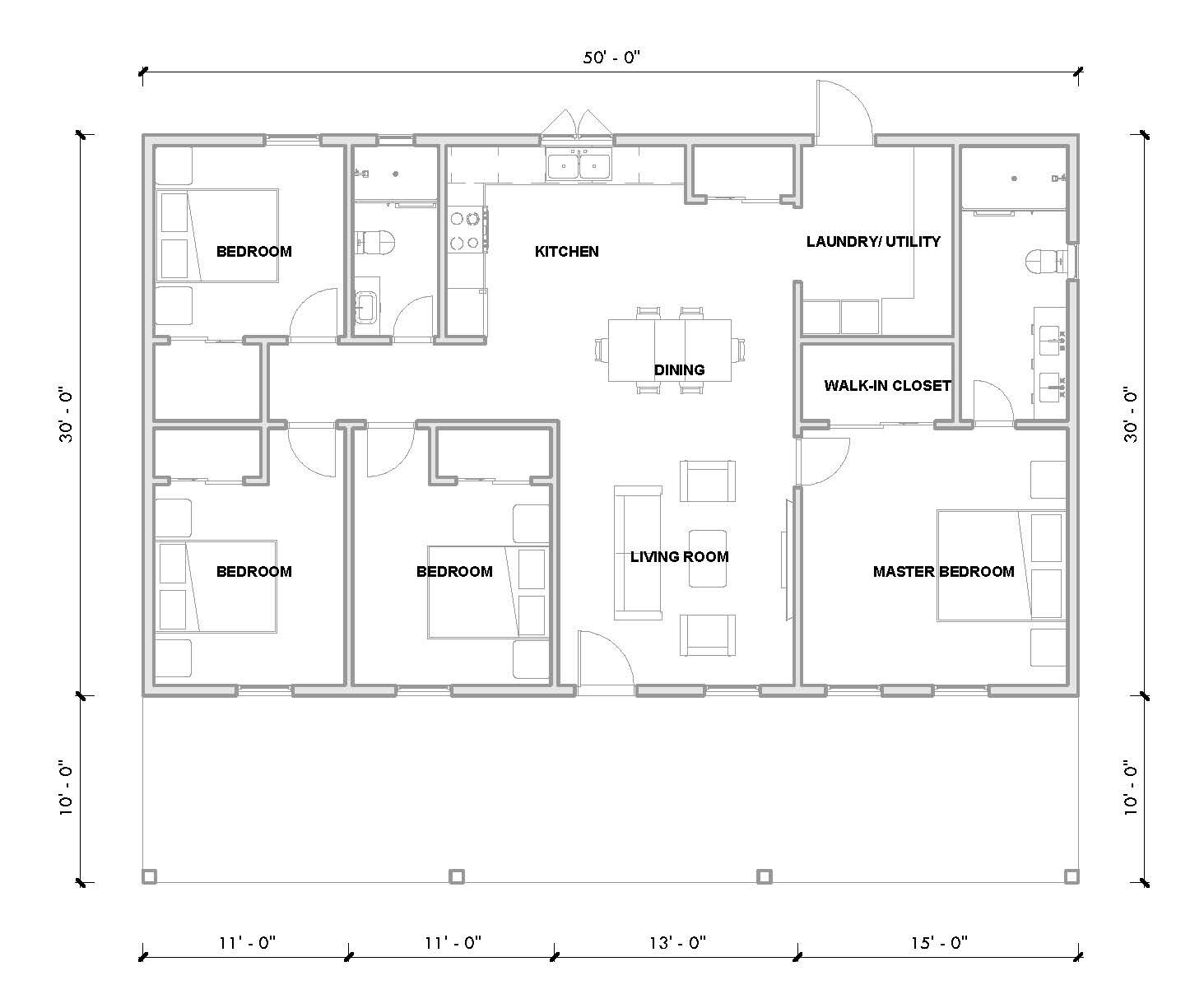 House Plan, Barndominium, 4 Bedroom 2 Bath with Porch, 1500 sf | PDF DOWNLOAD