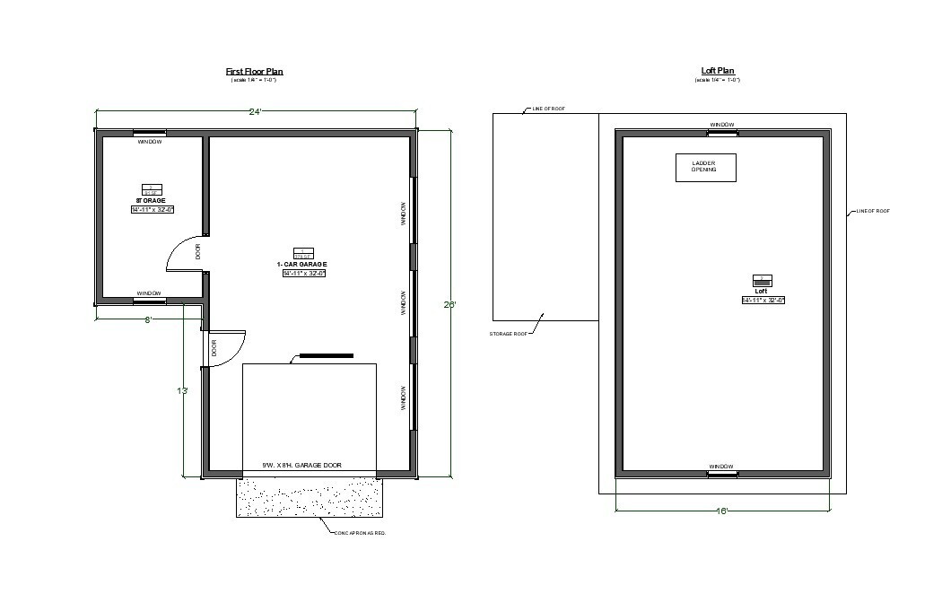 1-Car Garage plan with Storage and Loft, Gable Garage Architectural Blueprint