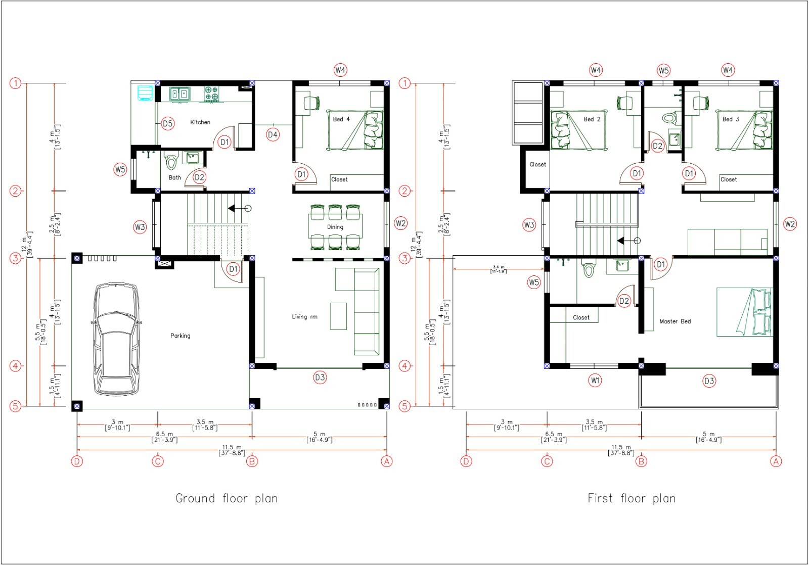 29×39 Feet House Design Plans 8.5×12 Meter 4 Bed 3 Bath Hip Roof (A4 Hard Copy)