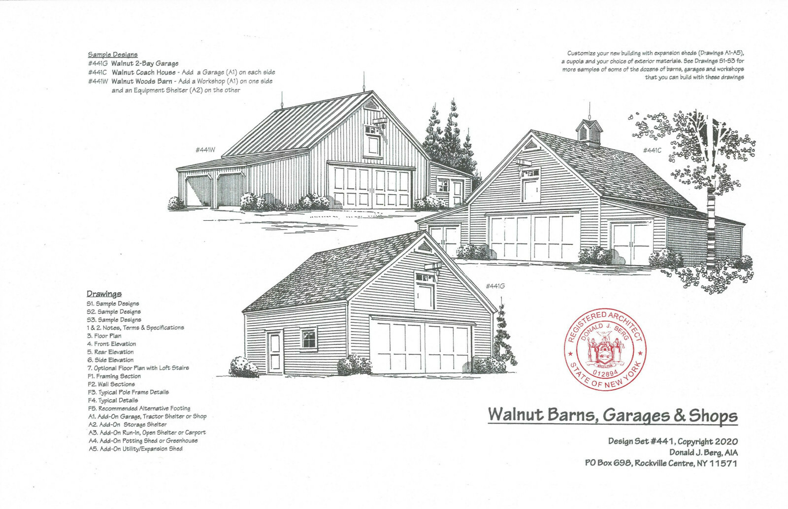 Walnut Car Barns with Lofts – 3 Complete Sets of Pole-Barn Plans (eB-441×3)