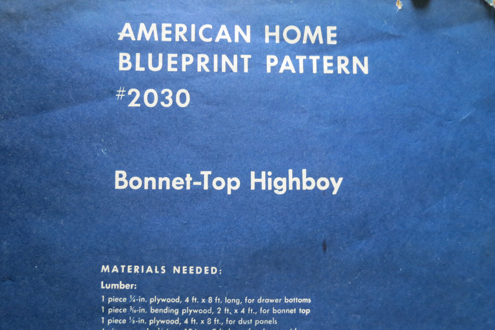 AMERICAN HOME FURNITURE BLUEPRINT Pattern # 2030 Bonnet Top High Boy