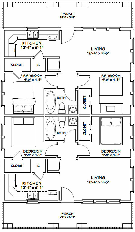 30×40 Duplex — 2 Bedroom 1 Bath — 1,200 sq ft — PDF Floor Plan — Model 4C