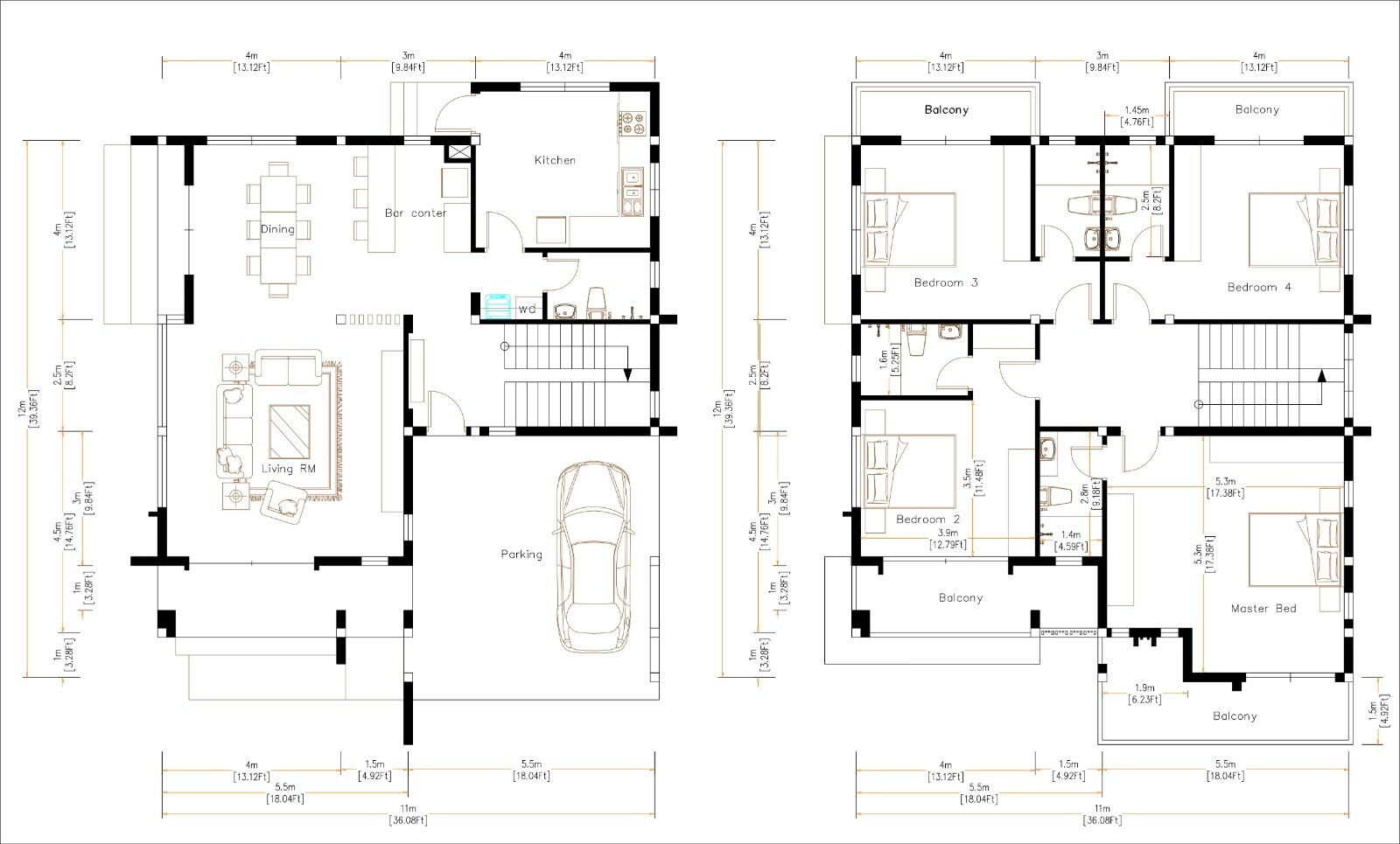 36×40 Feet Modern House Plan 11×12 Meter 4 Beds 4 Baths Hip Roof (A4 Hard Copy)