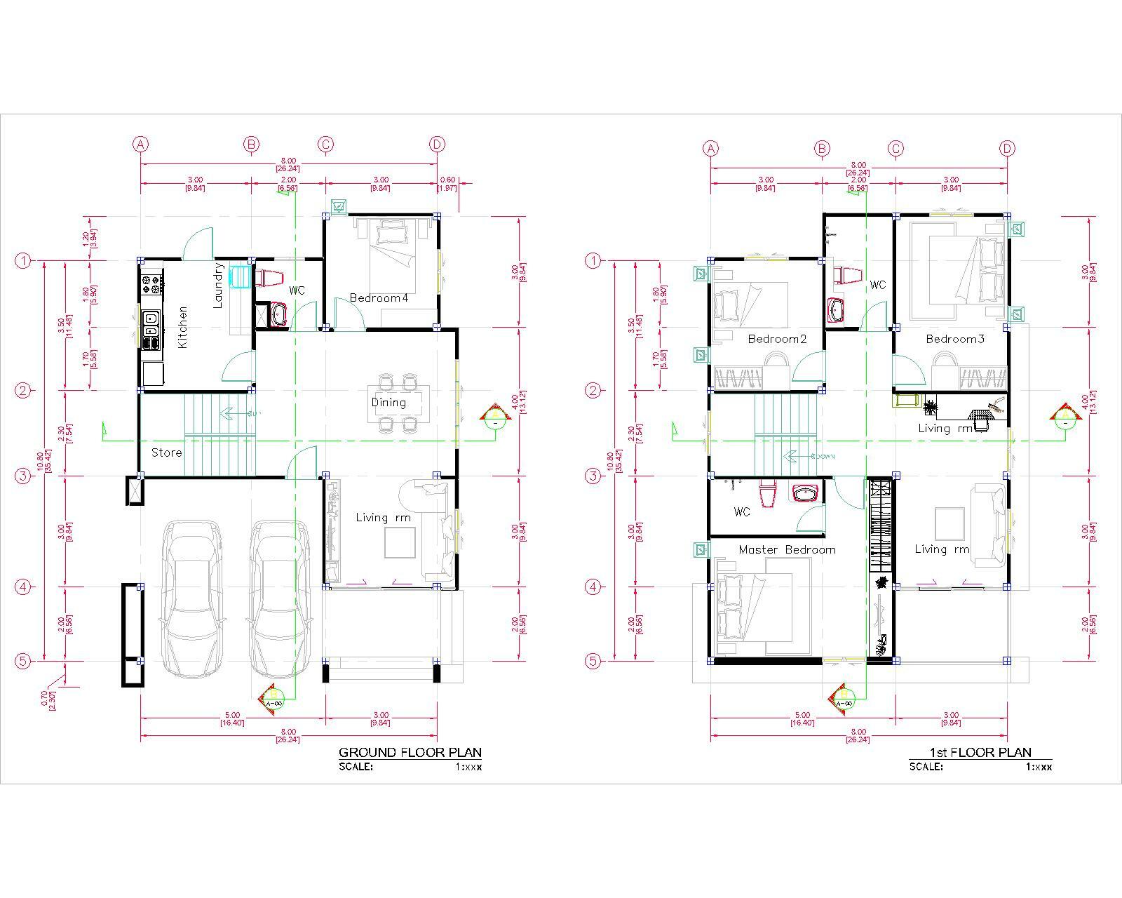 Small House Design 8×10 Meter 27×40 Feet 4 Beds 3 Baths Hip Roof (A4 Hard Copy)