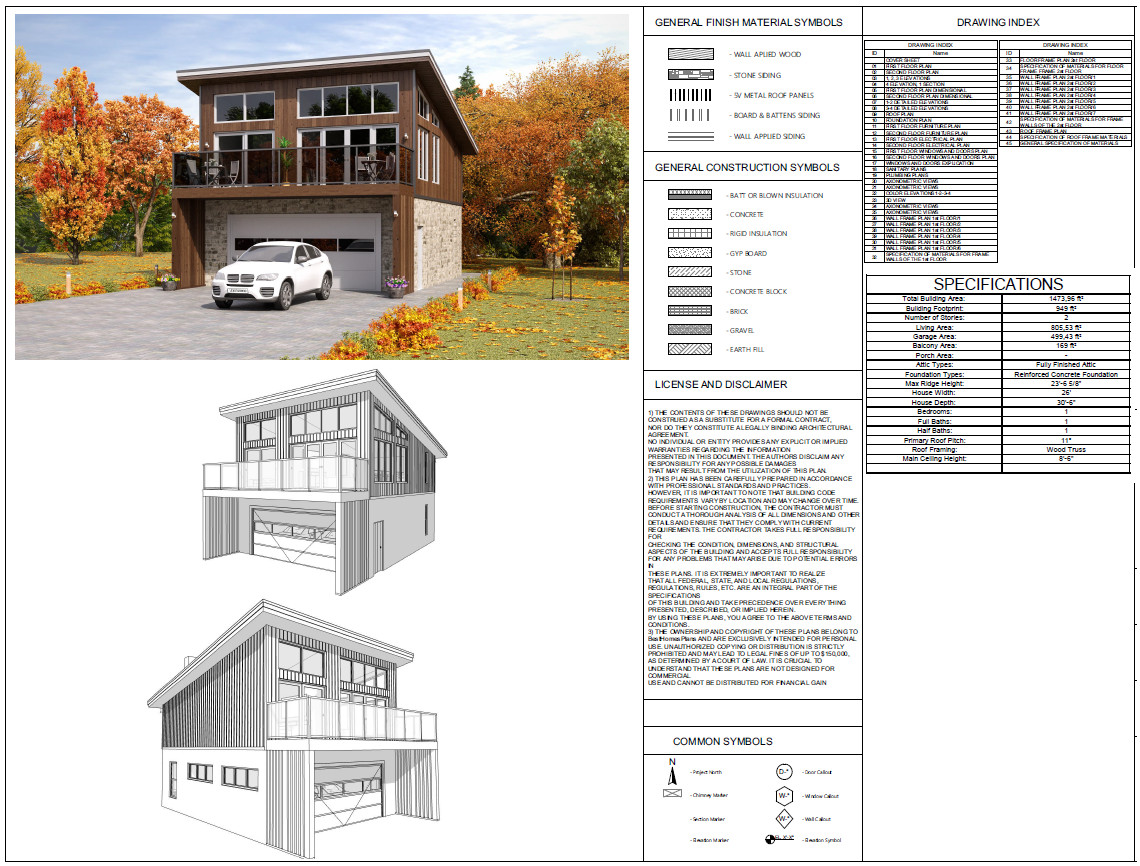 2 car ADU Garage Apartment 1 Bed, 2 Bath Architectural Build Plans PDF Download