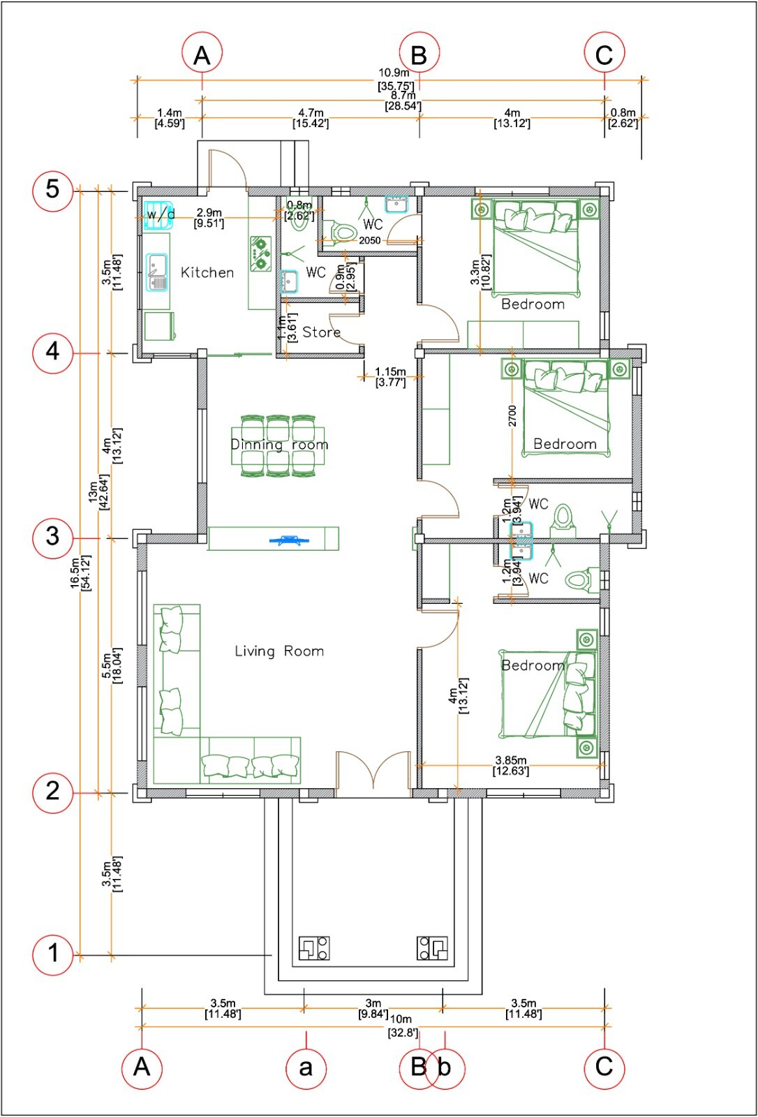33×54 feet House Plan 10×16 meter 3 Beds 4 Baths Hip Roof PDF & (A4 Hard Copy)