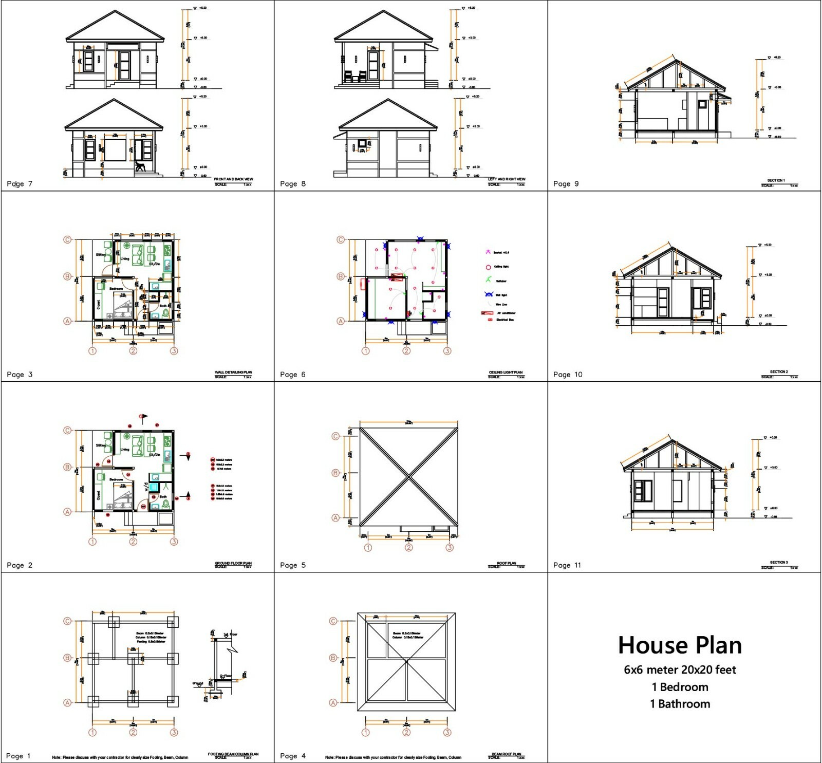 20×20 Feet Small House Plans 6×6 with One Bedroom Hip Roof (A4 Hard Copy)