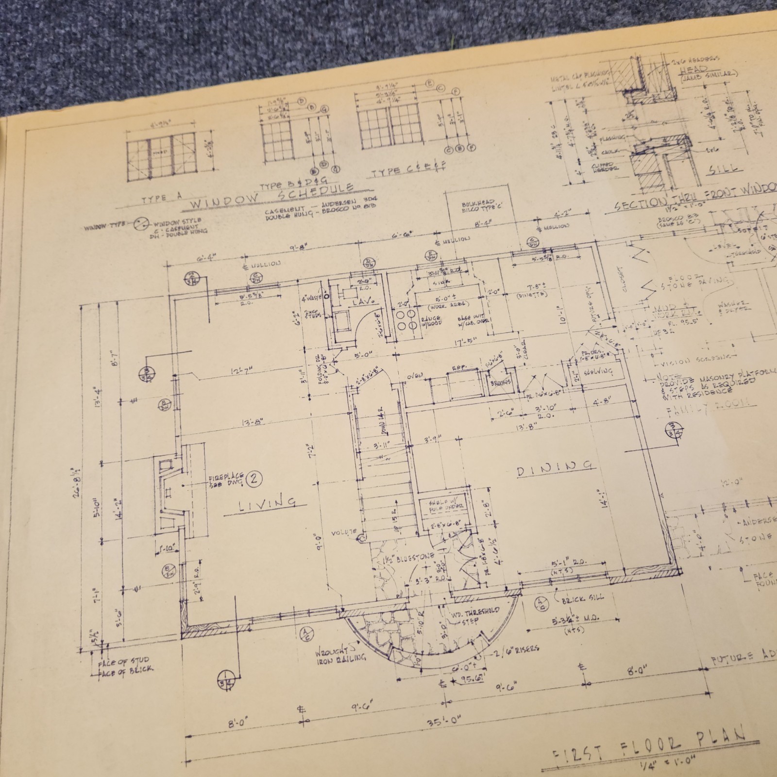 Vintage House Blueprint 33×17 1964 Mid Century Modern Drawing Art Glen Ellyn IL