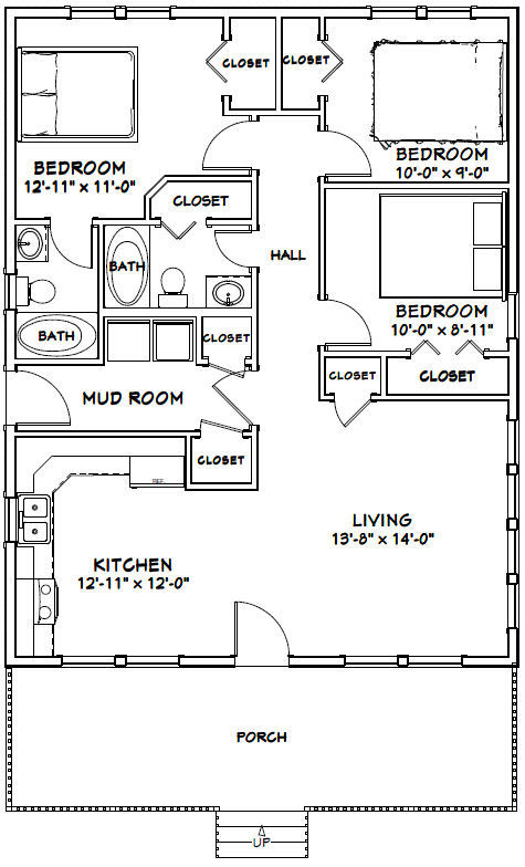 28×36 House — 3 Bedroom 2 Bath — 1,008 sq ft — PDF Floor Plan — Model 1P