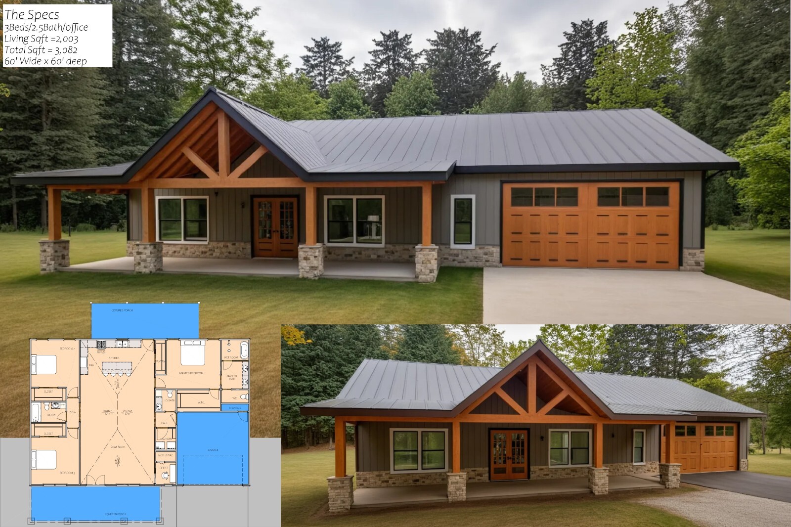 2,003 Sqft (Living) Modern Farm House with – 3 Bd, 2 Ba, 2 car ga and Office