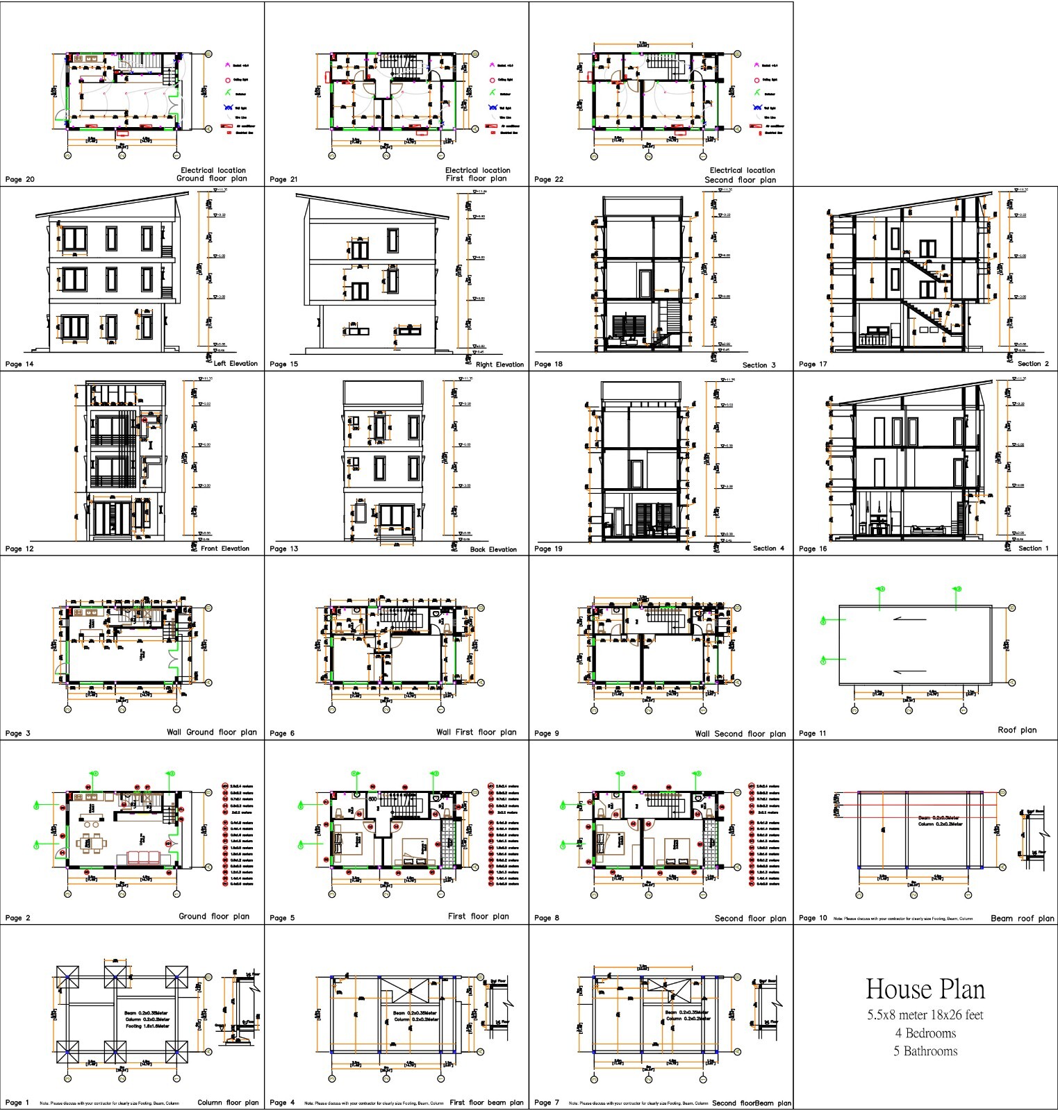 18×26 Feet 4 Beds 5 Baths House Plans 5.5×8 Meter Shed Roof (A4 Hard Copy)