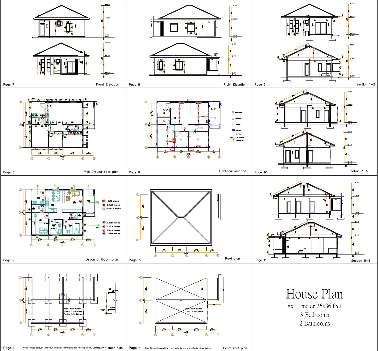 26×36 Feet Small House Plan 8×11 Meter 3 Beds 2 Baths Hip Roof (A4 Hard Copy)