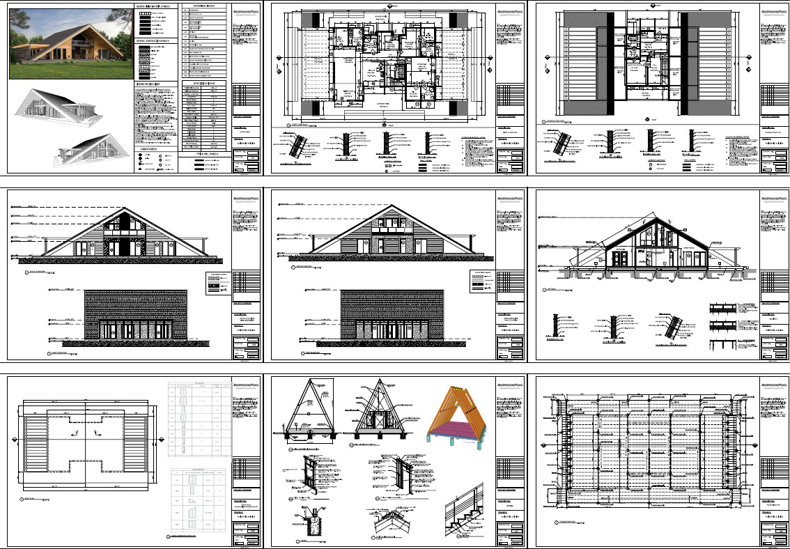 100’x56’ 4-Bedrooms, 4-Bathrooms Charming A-Frame Architectural Build Plans PDF