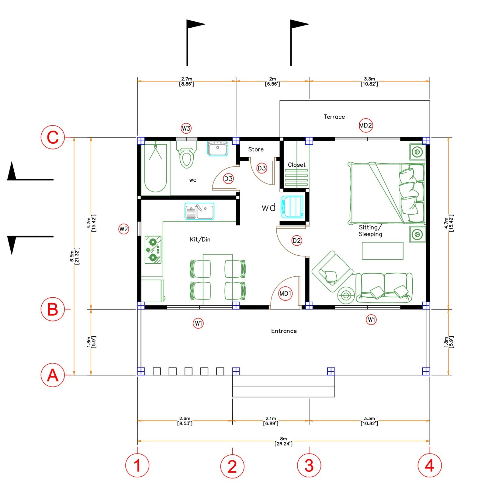 23×21 Feet Tiny House Plans 8×6.5 Meter 1 Bed 1 Bath Gable PDF (A4 Hard Copy)