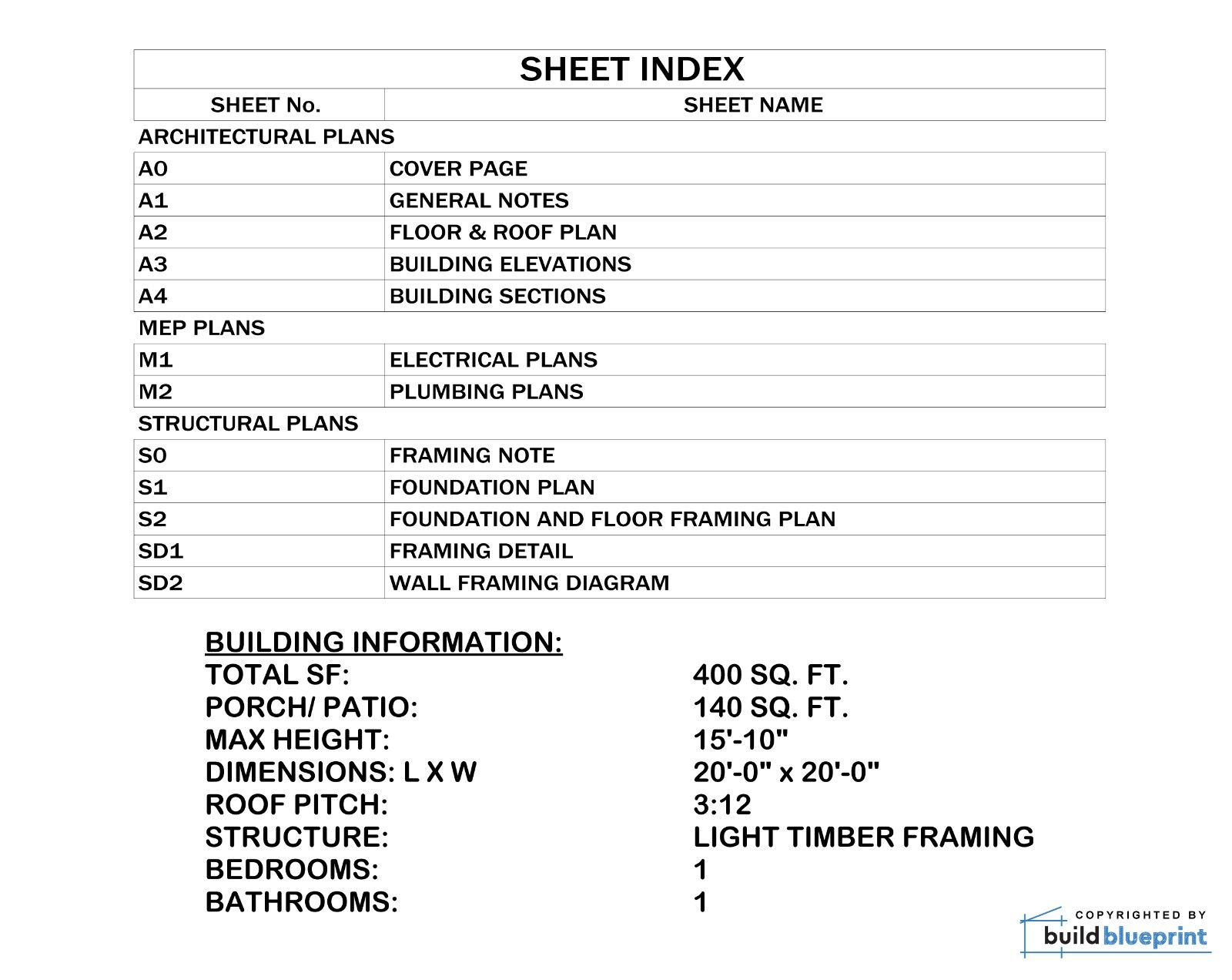 20×20 Lean Modern Cottage Custom Architectural Plans 400SF – PDF Download