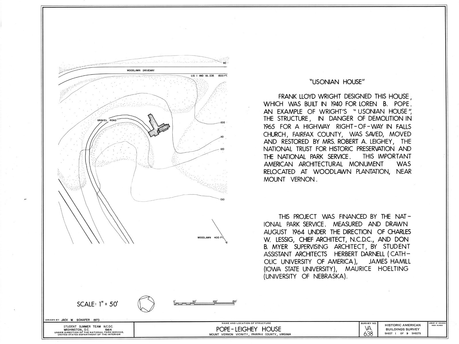 Pope House, a Frank Lloyd Wright Usonian Home, 2 bedrooms, architectural plans