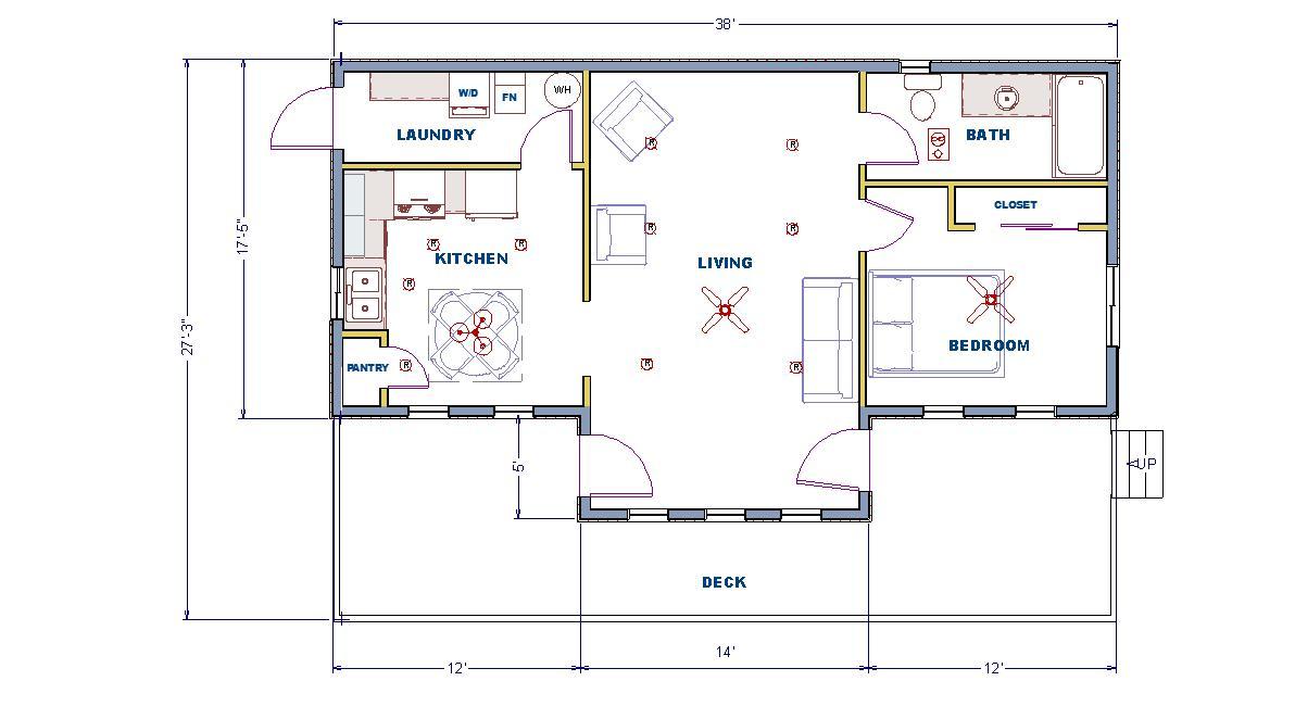 Modern Style House Building Plans Model 778 with one bedroom. FREE SHIPPING