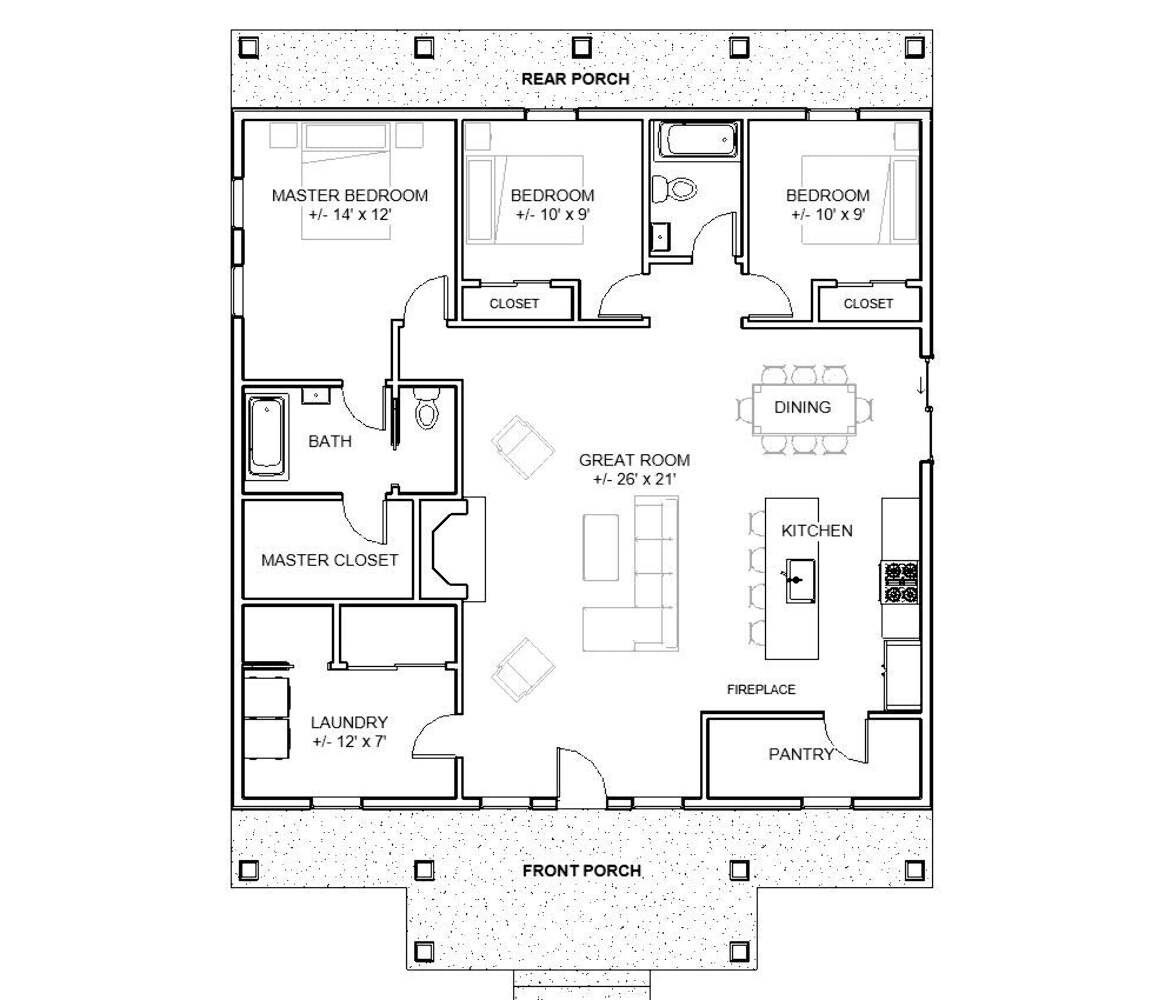 Spacious Cottage 3 bed 2 bath (40’x40′) Custom House Plans and Blueprints